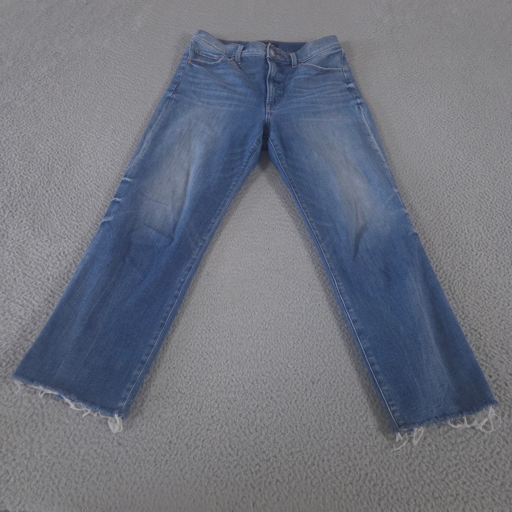 Express Jeans Womens 8R Blue Straight Ankle High Rise Hyper Stretch Raw Hem